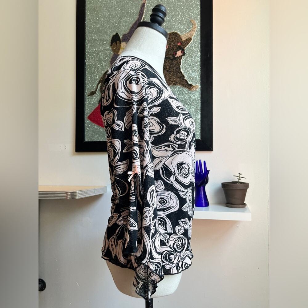 Y2K Floral Wrap Top | Pink Rose Print Mesh Blouse | Flared Sleeve | Size L - Picture 3 of 9